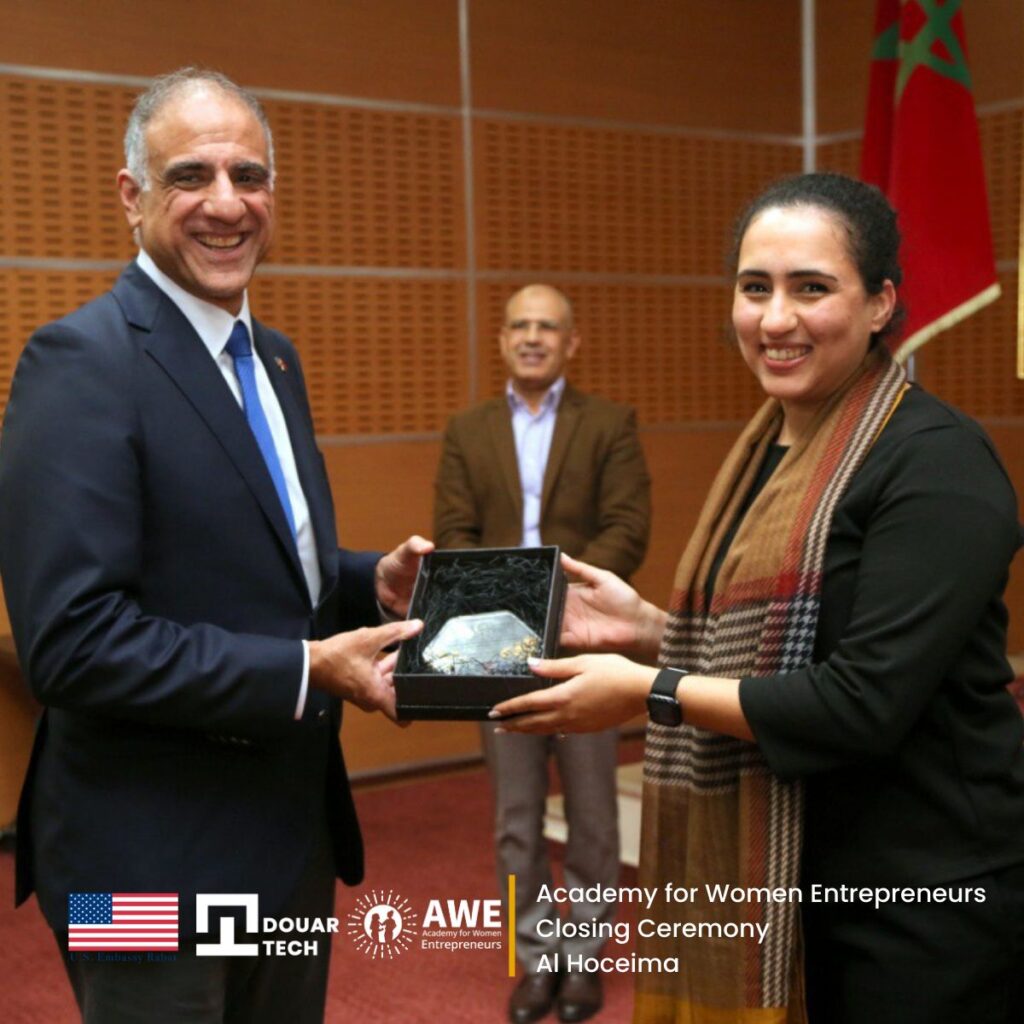 Oumaima Farik posing with the U.S. Ambassador to Morocco.