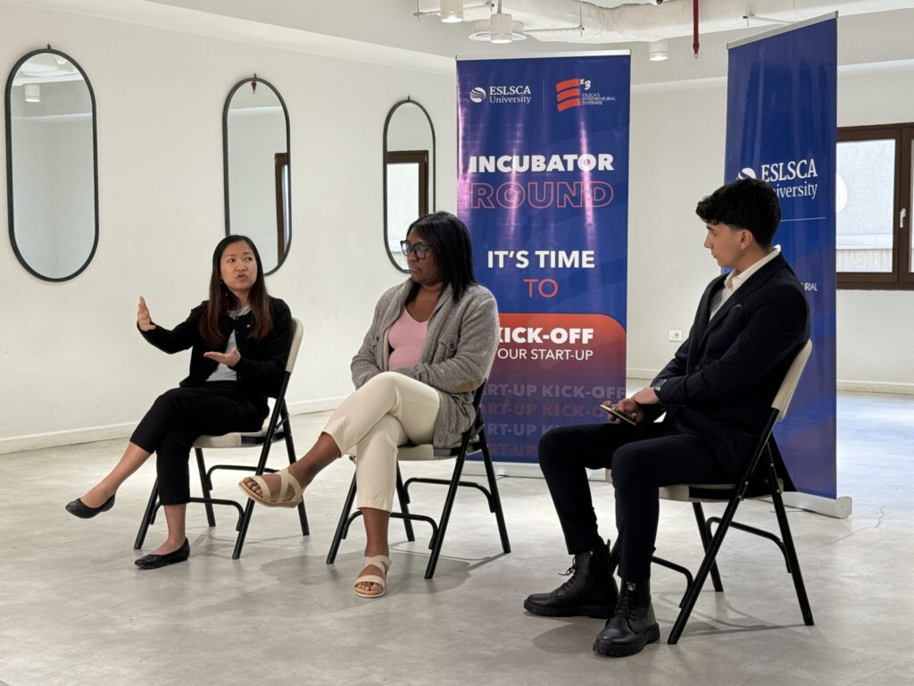 20241116-090557937-iOS-jpeg--2048x1536 - Legacy International Dalin and Maria speaking at an incubator workshop at ESLSCA University (Egypt).